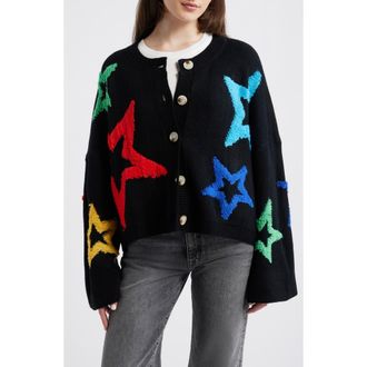 Dressed in Lala Dream of Me Boxy Cardigan in Black With Multicolor Stars at Nordstrom, Size Large