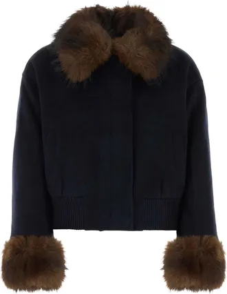Self Portrait Navy Wool-Blend Plush Fur Trim Jacket