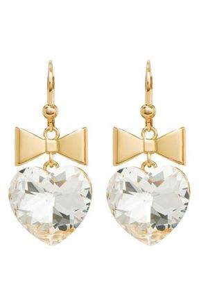 Tory Burch Crystal Heart & Bow Drop Earrings in Tory Gold /Crystal at Nordstrom