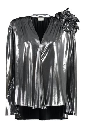 Magda Butrym Silver Embellished V Neck Top