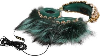 Dolce & Gabbana Womens Green Gold Crystal Fur Headset Audio Aux Headphones Brass Accessory