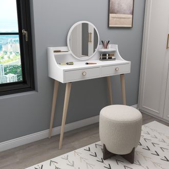 Dmora Peinadora Isernia, Mueble Con Espejo Incluido, 2 Cajones, Estructura Marr&oacute;n, 90x35x131h Cm Blanco
