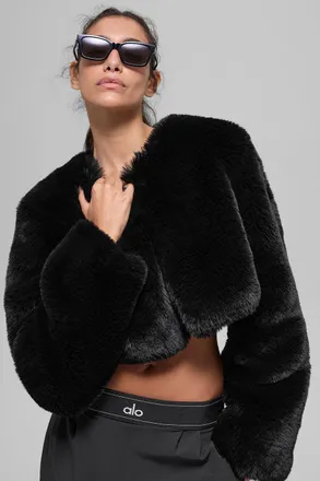 Alo | Faux Fur Chic Cropped Jacket in Black, Size: Medium