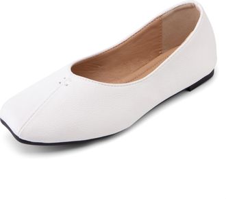 Generic Thin Sole & Pebbled Leather Ballet Flats for Women (Sizes 32-54) 1cm Square Toe Slip-On Shoes - Lightweight Wide Fit Spring & Fall,White,1.5 UK