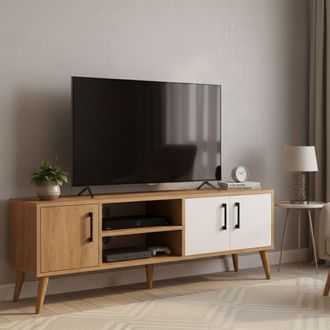 Dmora Mobile Porta Tv Brugine, Un Ripiano, 3 Ante, 4 Vani, 150x34x52h Cm Marrone Quercia