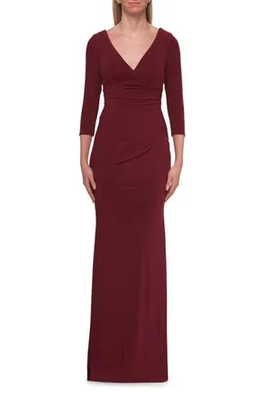 La Femme V-Neck Ruched Gown with Three-Quarter Sleeves in Wine at Nordstrom, Size 18