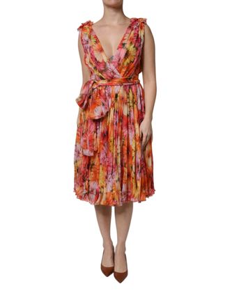 Dolce & Gabbana Multicolor Floral Silk V-neck Chiffon Womens Dress