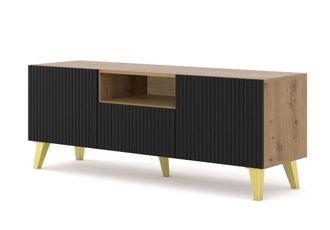 AKL FURNITURE Mueble para TV efecto madera Crema & Negro y Dorado LED
