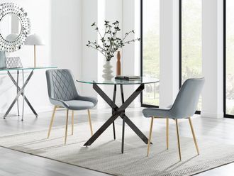 Furniturebox Novara 100cm Round Black Leg Dining Table & 2 Pesaro Gold Leg Chairs in Grey