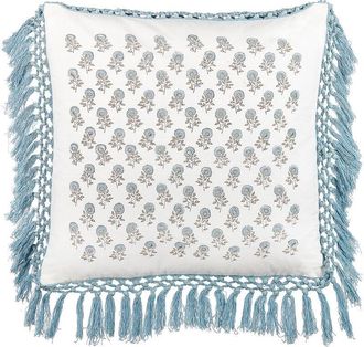 Beliani Coj&iacute;n De Algod&oacute;n Blanco Azul Gris 45 X 45 Cm A Mano Floral Flecos Relleno Pallida