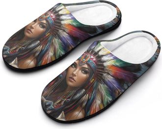 Generic Native Indian U.S. Women Wolf Mens Soft Cotton Slippers with Memory Foam Anti-skid House Shoes for Travel Indoor Outdoor