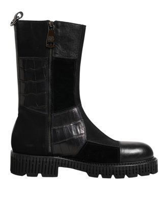 Dolce & Gabbana Black Patchwork Leather Mid Calf Boot Mens Shoes