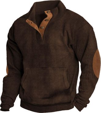 Generic Mens Corduroy Sweatshirts Button Up V Neck Henley Neck Snap Solid Color Long Sleeve Stand Collar Pullover Tops Winter Sweaters Brown Jumper With Elbow