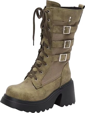 Generic Womens Modern Mid Calf Boots Square Toe Super High Block Heel Platform With Lace-Up Closure And Belt Buckle
