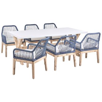 Beliani Conjunto De Comedor Exterior Con Sillas Mesa Tablero De Hormig&oacute;n Patas De Madera 6 Sillas De Polipropileno Cojines Blanco Azul Marino Olbia