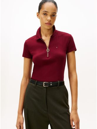 Tommy Hilfiger Womens Slim Fit Zip Polo - Red - XXL