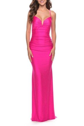 La Femme Rhinestone Ruched Jersey Prom Dress with Lace Up Back in Bright Colors in Neon Pink at Nordstrom, Size 8