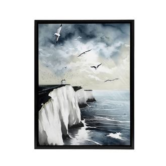 Artery8 Seagulls Over Dover Cliffs In England Framed Canvas Wall Art Print in Blue | Size: W24 x H32