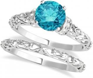 Allurez Blue Diamond & Diamond Antique Style Bridal Set Platinum (0.87ct)