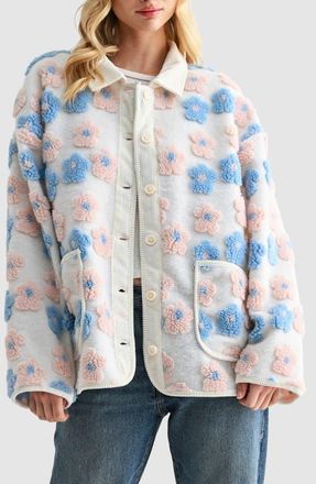 All in Favor Floral High Pile Fleece Jacket in Ivory Blue Pink at Nordstrom, Size X-Small