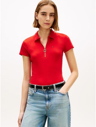 Tommy Hilfiger Womens Slim Fit Zip Polo - Deep Crimson - XXL