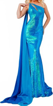 Jovani Sequin One-Shoulder With Cape Gown In Iridescent Royal