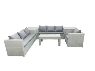 Fimous Wicker PE Rattan Sofa Garden Furniture Set with Oblong Coffee Table Armchair 2 Side Tables Light Grey Mixed