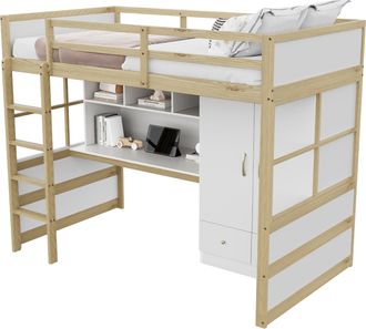STILVORA Cama Alta 90 X 200 Cm Con Escritorio, Armario Y Cajones, Sin Colch&oacute;n, De Madera, Natural