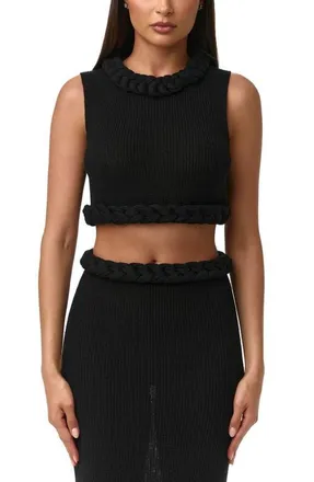 Naked Wardrobe Rib Knit Braid Trim Crop Top in Black at Nordstrom, Size X-Small