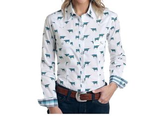 Panhandle Womens Long Sleeve Steer Print El Toro Western Snap Shirt In White