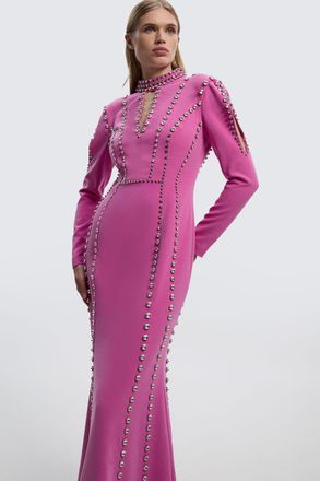 Karen Millen Womens Crystal Embellished Woven Plunge Detail Maxi Dress - Rose - Size 14 UK