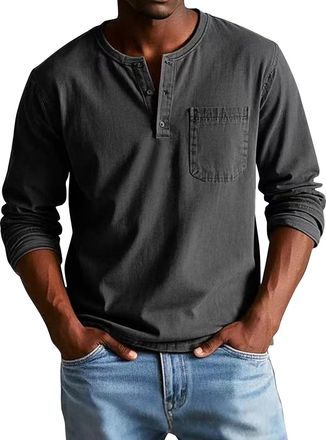 Generic Mens Long Sleeve Polo Shirts Retro Washed Distressed Shirt Button Down Lapel T-Shirts Retro Cotton Tops Blouse Tees Camisa para Playa Hombre(Z01-Black