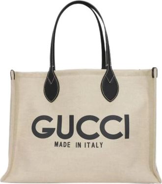 Gucci Pre-owned Logo Print Cotton Linen Tote Bag - Dames - Vintage Shopper - Beige - ONE Size - Katoen - Vintage