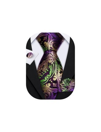 Barry.Wang Mens Paisley Tie Silk Purple Gold Green Necktie Pocket Square Cufflinks Set Wedding Party