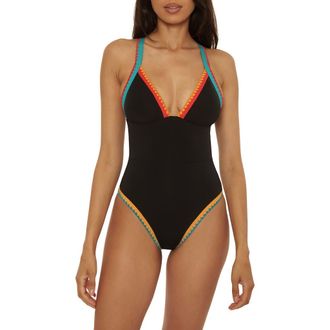 Lucky Brand Avila Embroidered Trim Colorblock Binding One-Piece Swimsuit in Black at Nordstrom, Size Medium