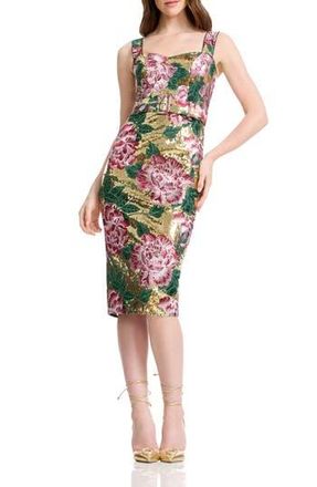 Dress The Population Nicole Sequin Floral Embroidered Cocktail Midi Dress in Gold Multi at Nordstrom Rack, Size Xx-Small