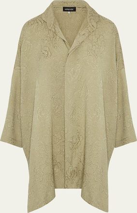 Eskandar Damask Cloque Wide Longer-Back Double Stand-Collar Shirt With Slits (Very Long Length)