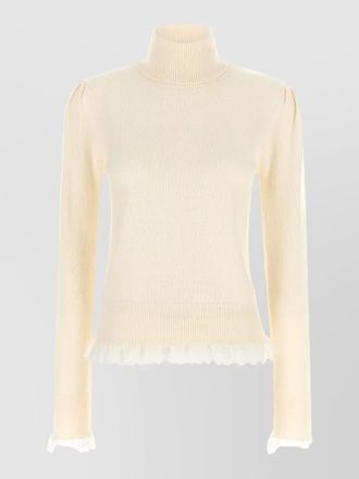 Ganni merino wool ribbed turtleneck lace trim sweater
