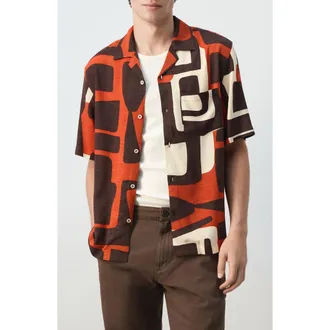 Mango Geo Print Bowling Shirt in Burnt Orange at Nordstrom, Size X-Large