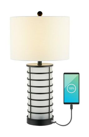 Jonathan Y Designs Jayce 27 Modern Industrial Iron Nightlight LED Table Lamp with USB Charging Port, Black in Black/white at Nordstrom