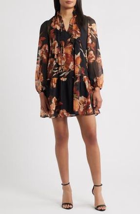 Julia Jordan Floral Long Sleeve Drop Waist Minidress in Black Multi at Nordstrom Rack, Size 4