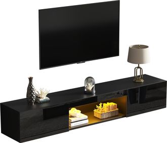 STILVORA Mueble Tv De Pared Con 2 Puertas, Huecos Abiertos Y Led, Frente Brillante Para Sal&oacute;n, En Mdf, Negro, 160&times;31&times;22 Cm