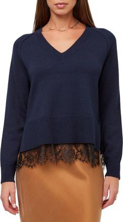 Fifteen Twenty Camila Lace Layered V-Neck Sweater in Navy at Nordstrom, Size X-Small