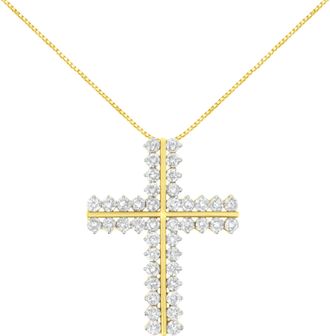 House of Brilliance 10K Yellow Gold 4.0 Cttw Diamond Two Row Cross 18 Pendant Necklace