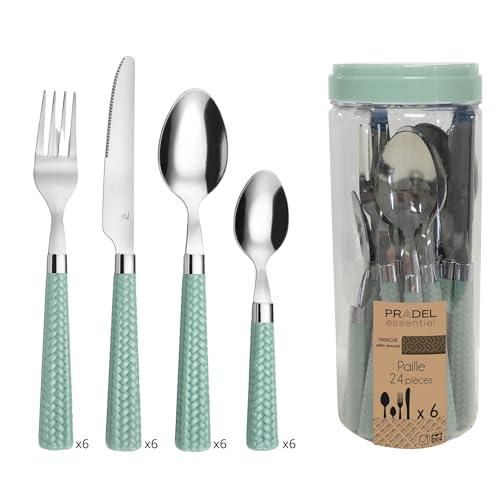 Amefa PAILLE Besteckset 24-teilig | Besteck Set für 6 Personen | Edelstahl Besteck Spülmaschinenfest | Besteck Bunte Griffe in Pastell Grün | Essbesteck ab 19,96 €