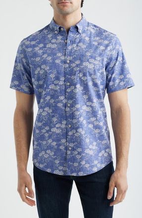 Reyn Spooner Kyoto Spring Floral Short Sleeve Cotton Blend Button-Down Shirt in Skipper Blue at Nordstrom, Size Xx-Large