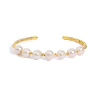 House of Brilliance 18K Yellow Gold Freshwater Pearl Cuff Bangle Bracelet