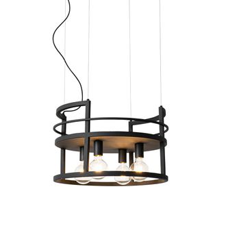 QAZQA Qazqa Industrial L&aacute;mpara Colgante Industrial Negra Con Estante Redondo 4 Luces - Cage Rack Acero Redonda Adecuado Para Led Max. 4 X 40 Watt