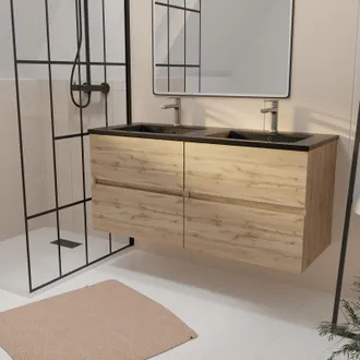 Aurlane Mueble De Ba&ntilde;o 120 Cm 4 Cajones Roble Natural + Lavabo Doble De Cer&aacute;mica Negra - Timber