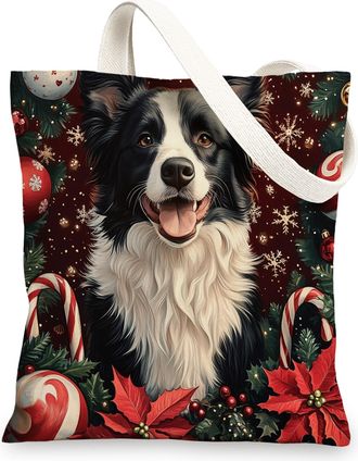 Generic Christmas Border Collie Dog Canvas Tote Bag for Shopping 13x15, Xmas Candy Poinsettia Puppy Reusable Grocery Print Bag for Women, Holiday Pet Beach Ae
